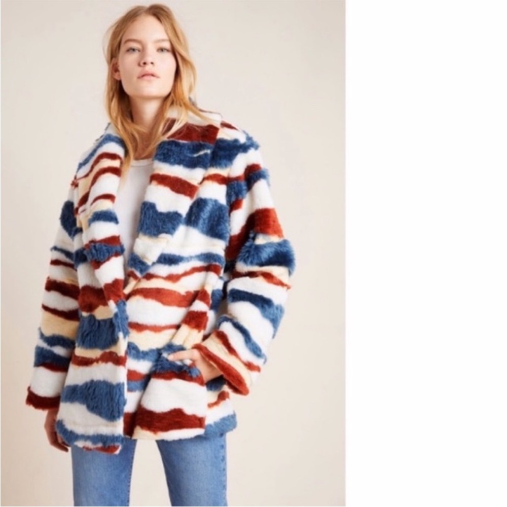 Anthropologie Multicolor Faux Fur Striped Jacket - Blue, Rust, Cream